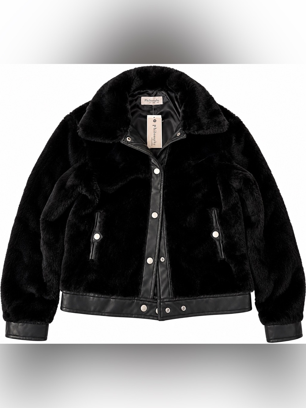 Philosophy Black Faux Shearling Teddy Jacket with Leather Trim